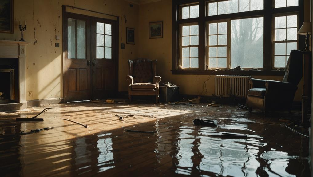 Water damaged living room in Redan GA showing standing water on wooden floors and scattered debris - illustrating emergency structural drying needs